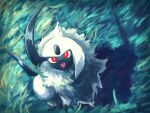  7_phi_3 absol animal_focus forehead_jewel from_above highres horns looking_up mane no_humans on_grass open_mouth pokemon pokemon_(creature) red_eyes single_horn solo tail teeth white_fur 