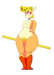  absurd_res belly big_ears blonde_hair boots boots_only breasts cheetara clothing facial_paint female footwear footwear_only hair hi_res humanoid inimus mostly_nude multicolored_body navel nude overweight pubes simple_background small_breasts smile solo stick tagme thick_thighs thundercats thundercats_roar two_tone_body white_background wide_hips 
