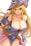  1girl absurdres b1ack_illust bare_shoulders blonde_hair blue_headwear blush blush_stickers breasts choker cleavage cosplay dark_magician_girl duel_monster green_eyes hair_between_eyes hat hexagram highres hoshii_miki idolmaster idolmaster_(classic) large_breasts long_hair looking_at_viewer open_mouth pentacle pentagram smile solo wizard_hat yu-gi-oh! yu-gi-oh!_duel_monsters 