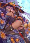  1girl abs ass black_dress blue_eyes breasts broom broom_riding caenis_(fate) cleavage dark-skinned_female dark_skin dress fate/grand_order fate_(series) full_moon halloween hat highres large_breasts long_hair looking_at_viewer massive_kagawa moon night night_sky short_dress sky thighs very_long_hair white_hair witch_hat 