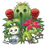  4others artist_name boxing_gloves digimon digimon_(creature) evolutionary_line flower gloves kaejunni leaf looking_at_viewer multiple_others no_humans open_mouth palmon petals plant plant_monster red_gloves reptile sharp_teeth tanemon teeth togemon vines yuramon 