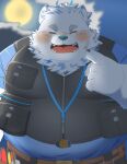  anthro bandage_on_face blue_clothing blush canid canine canis clothing domestic_dog eyes_closed full_moon fur hi_res jewelry lifewonders live_a_hero looking_at_viewer male mammal moon necklace overweight pouch_(clothing) puss3250 solo topwear vest white_body white_fur yohack 