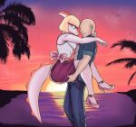  2022 anon_(snoot_game) anthro bald beach blonde_hair bottomwear carrying carrying_another carrying_partner clothing deadassspider denim denim_clothing detailed_background digital_drawing_(artwork) digital_media_(artwork) dinosaur duo embrace eyewear feet female footwear glasses goodbye_volcano_high hadrosaurid hair hi_res high_heels hug human jacket jeans light-skinned_male light_body light_skin long_tail male male/female mammal multicolored_body multicolored_scales naomi_(gvh) orange_body orange_scales ornithischian outside pants parasaurolophus reptile scales scalie sea seaside shirt short_hair skirt smile snoot_game_(fan_game) snout spikes spikes_(anatomy) sunset tail tan_body tan_scales tank_top teal_eyes toes topwear two_tone_body two_tone_scales water 