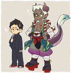  2boys baggy_pants bandaged_arm bandages bara bare_shoulders dark-skinned_male dark_skin demon_boy demon_boy_(kiri_futoshi) dragon_horns dragon_tail earrings full_body hands_on_own_hips height_difference horns jewelry kiri_futoshi large_pectorals looking_at_viewer male_focus mature_male midriff_sarashi monocle multiple_boys multiple_horns muscular muscular_male oni oni_horns original pants pectoral_cleavage pectorals round_eyewear sarashi seductive_smile short_hair single_earring skin-covered_horns sleeveless smile squiggle tail tail_raised thick_eyebrows tusks upper_body 