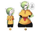  2023 absurd_res big_breasts bottomwear breasts clothed clothing dialogue duo english_text female gardevoir generation_3_pokemon green_hair hair hi_res human looking_at_another looking_at_another&#039;s_breasts mammal nintendo not_furry pants pikachu_shirt pokemon pokemon_(species) saltyxodium shirt simple_background text topwear white_background wide_hips 