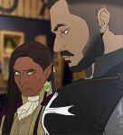  2boys bara beard black_hair blank_stare brown_hair bursting_pectorals buzz_cut castlevania castlevania:_nocturne couple dark-skinned_male dark_skin expressionless eyelashes facial_hair from_side green_eyes half-closed_eyes highres kt_(kloysius) large_pectorals long_hair looking_at_pectorals looking_down male_focus mature_male meme mizrak_(castlevania) multiple_boys muscular muscular_male olrox pectoral_envy_(meme) pectoral_focus pectorals pointy_ears priest short_hair thick_eyebrows thick_mustache thick_thighs thighs topless_male very_short_hair wide-eyed yaoi 