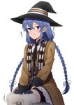 1girl absurdres black_headwear blue_eyes blue_hair boots braid brown_robe closed_mouth hat highres long_hair looking_at_viewer mushoku_tensei plain_222 robe roxy_migurdia simple_background sitting smile solo thigh_boots thighhighs twin_braids white_background white_thighhighs witch_hat