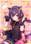  1girl animal_ears animal_hands arm_ribbon bare_shoulders bell black_hair black_scrunchie black_skirt black_thighhighs black_vest blush bow cat_ears cat_tail closed_mouth cushion fake_animal_ears fake_tail fish footprints hair_bun hand_up heart idolmaster idolmaster_shiny_colors jingle_bell looking_at_viewer morino_rinze paw_pose polka_dot polka_dot_necktie polka_dot_ribbon polka_dot_trim poroze red_eyes red_ribbon ribbon scrunchie shirt short_hair sitting skirt smile solo star_(symbol) straw_doll striped striped_shirt tail thighhighs vest yarn yarn_ball zettai_ryouiki 