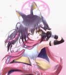  1girl ;) ;p absurdres animal_ear_fluff animal_ears armpits bangs black_gloves black_hair blue_archive blurry commentary_request depth_of_field eyeshadow falling_petals fingerless_gloves fox_ears fox_girl fox_hair_ornament gloves gradient_background hadanugi_dousa hair_between_eyes hair_ornament halo hand_on_hip highres izuna_(blue_archive) japanese_clothes long_sleeves looking_at_viewer makeup medium_hair ninja obi one_eye_closed one_side_up petals pom_pom_(clothes) pom_pom_hair_ornament red_scarf sash scarf school_uniform serafuku sidelocks simple_background sleeveless smile solo tomonx tongue tongue_out v yellow_eyes 