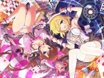  2girls :3 alice_in_wonderland alternate_costume animal_ears armlet armpits bangle bare_shoulders black_choker blonde_hair blue_bow blush book bookshelf bow bracelet breasts bridal_gauntlets card cat_ears cat_tail cheshire_cat_(alice_in_wonderland) cheshire_cat_(alice_in_wonderland)_(cosplay) chessboard choker cleavage club_(shape) corset cosplay cup diamond_(shape) earrings falling_card flower gears gloves hat heart heterochromia high_heels highres holding_hands jewelry lamp large_breasts long_hair looking_at_viewer mad_hatter_(alice_in_wonderland) mad_hatter_(alice_in_wonderland)_(cosplay) multiple_girls necklace official_alternate_costume official_art open_book panties pink_bow plate playing_card pocket_watch red_flower red_rose ribbon rose ryoubi_(senran_kagura) ryouna_(senran_kagura) senran_kagura senran_kagura_new_link senran_kagura_shinovi_versus short_hair siblings sisters small_breasts smile socks spade_(shape) striped striped_socks table tail teacup teapot thighhighs thighs top_hat twintails underwear watch white_headwear white_panties white_thighhighs wrist_cuffs yaegashi_nan 