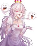 1girl boo_(mario) breasts cleavage crown dress elbow_gloves gloves hair_between_eyes highres long_hair looking_at_viewer mario_(series) new_super_mario_bros._u_deluxe open_mouth personification princess_king_boo sharp_teeth smile solo super_crown suprii teeth tongue tongue_out white_dress white_gloves 