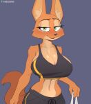  abs anthro biped breasts canid canine cleavage clothed clothing cooliehigh diane_foxington dreamworks female fox green_eyes hi_res inner_ear_fluff looking_at_viewer mammal orange_body simple_background solo sportswear the_bad_guys tuft 
