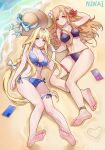  2girls alice_zuberg asuna_(sao) bare_arms bare_legs bare_shoulders barefoot beach bikini blonde_hair blue_bikini blue_eyes braid braided_ponytail breasts brown_eyes brown_hair cellphone feet hair_intakes hat highres holding_hands interlocked_fingers large_breasts long_hair looking_at_viewer multiple_girls ninai phone sand soles swimsuit sword_art_online sword_art_online:_alicization sword_art_online:_alicization_-_war_of_underworld toes very_long_hair yuri 