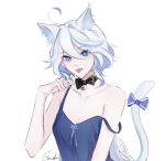  1girl :p ahoge animal_ear_fluff bare_arms bare_shoulders black_choker blue_bow blue_eyes blue_hair bow cat_tail choker commentary fangs furina_(genshin_impact) genshin_impact glaciel hand_up kemonomimi_mode long_hair looking_at_viewer multicolored_hair no_headwear simple_background sleeveless solo spaghetti_strap strap_slip streaked_hair tail tail_bow tail_ornament tongue tongue_out very_long_hair white_background white_hair 