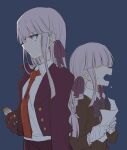  2girls back-to-back bandaged_hand bandages black_skirt bottle bow bowtie braid breasts brown_jacket collared_shirt covered_eyes crying danganronpa:_trigger_happy_havoc danganronpa_(series) danganronpa_kirigiri dual_persona green_background hair_over_eyes hair_ribbon highres holding holding_bottle holding_paper jacket kirigiri_kyoko kuuya_(ayahata43) looking_ahead medium_breasts multiple_girls necktie open_clothes open_jacket open_mouth orange_necktie paper pink_eyes pleated_skirt profile purple_bow purple_bowtie purple_jacket purple_ribbon ribbon shirt side_braid simple_background skirt twin_braids twintails white_shirt 