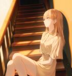  1girl absurdres blonde_hair collared_shirt dress_shirt hair_between_eyes high-waist_skirt highres long_hair miniskirt original parted_lips red_eyes shiina_1001 shirt short_sleeves sitting skirt solo stairs straight_hair wing_collar yellow_shirt yellow_skirt 