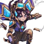  1girl blush bodysuit brown_bodysuit clenched_teeth covered_navel floating floating_object gem kai&#039;sa league_of_legends long_hair looking_at_viewer on_one_knee phantom_ix_row purple_hair shoulder_plates simple_background solo teeth white_background 