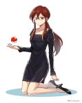  1girl artist_name black_dress black_footwear closed_mouth collarbone dress glasses high_heels highres jewelry kneeling long_dress long_hair looking_at_viewer lorelei_(pokemon) no_legwear pendant poke_ball pokemon pokemon_(game) pokemon_rgby ponytail red_eyes red_hair setu_kurokawa sidelocks simple_background smile solo twitter_username watermark white_background 