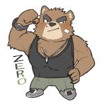  1boy bandaid bandaid_on_cheek bandaid_on_face bara bear_boy black_tank_top blush deformed flexing full_body furry furry_male highres huge_eyebrows jewelry kuragetarou1203 large_pectorals light_frown looking_to_the_side male_focus muscular muscular_male necklace oliver_(zero) original pants pectorals second-party_source short_hair sidepec solo standing tank_top thick_eyebrows 