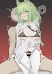  1boy 1girl absurdres animal_ears arknights bar_censor black_bra black_panties bra braid breasts cat_ears cat_girl cat_tail censored cum dress_shirt dxao ejaculation erection green_eyes green_hair harmonie_(arknights) hetero highres large_breasts long_hair open_clothes open_mouth open_shirt panties pantyhose penis projectile_cum red_background shirt simple_background solo_focus tail thigh_sex underwear white_pantyhose white_shirt 