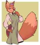  2023 5_fingers accessory anthro anzus_valeria apron artist_name bedroom_eyes big_tail blue_eyes blush blush_lines brown_body brown_fur button_(fastener) canid canine cheek_tuft claws cleavage_outline clothed clothing colored digital_media_(artwork) dipstick_ears dipstick_tail dress_shirt eyebrows facial_markings facial_tuft female finger_claws fingers flower flower_accessory fluffy fluffy_tail fox fur green_background green_clothing half-closed_eyes hand_to_face hand_to_mouth head_markings hi_res inner_ear_fluff kitsuki_(tohupo) looking_at_viewer mammal markings multicolored_body multicolored_ears multicolored_fur narrowed_eyes plant portrait raised_arm red_fox seductive shaded shirt simple_background simple_shading small_waist smile solo tail tail_markings tan_body tan_fur teeth three-quarter_portrait topwear tuft two_tone_body two_tone_fur watermark white_clothing 