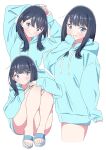  1girl absurdres alternate_costume aqua_hoodie arms_up bare_legs black_hair blue_eyes blue_footwear blue_hair blush commentary convenient_leg cropped_legs feet full_body gridman_universe hand_up highres hood hood_down knees_up legs long_hair long_sleeves looking_at_viewer multiple_views no_pants sandals sho_(shoshos_8888) sidelocks simple_background sitting sleeves_past_wrists smile ssss.gridman takarada_rikka thighs toenails toes white_background 