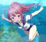  1girl barefoot blue_one-piece_swimsuit blue_sailor_collar dorachan_r foreshortening freediving i-168_(kancolle) kantai_collection long_hair looking_at_viewer neckerchief one-piece_swimsuit pink_neckerchief ponytail red_eyes red_hair sailor_collar sailor_shirt school_swimsuit school_uniform serafuku shirt solo swimming swimsuit underwater 
