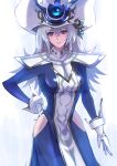  1girl blue_eyes breasts dress duel_monster fullborem gloves grey_hair hand_on_own_hip hat highres hip_vent large_breasts long_hair looking_at_viewer red_eyes silent_magician solo staff white_gloves wizard_hat yu-gi-oh! 