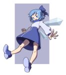  1girl bike_shorts blue_coat blue_eyes blue_footwear blue_hair bow cirno coat commentary formerly full_body hair_bow ice ice_wings medium_hair open_mouth shoes smile solo touhou wings 