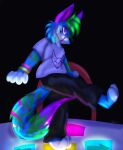  absurd_res anthro arcade bemani canid canine clothed clothing coveted_crow dance_dance_revolution dancing gaming hi_res highlights_(coloring) konami male mammal markings shirt simple_background solo sparkledog striped_markings stripes t-shirt topwear unnatural_colors 