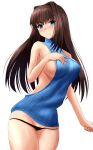  1girl aozaki_aoko aqua_eyes backless_outfit bare_shoulders black_panties blue_sweater_vest blush breasts brown_hair closed_mouth commentary_request covered_nipples hair_intakes highres large_breasts long_hair looking_at_viewer mahou_tsukai_no_yoru meme_attire panties ribbed_sweater sideboob simple_background sleeveless sleeveless_sweater solo sweater sweater_vest turtleneck turtleneck_sweater underwear very_long_hair virgin_killer_sweater white_background yuuk33 