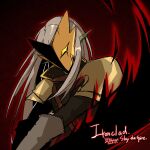 1boy armor character_name colored_skin copyright_name dated elbow_gloves gloves green_skin grey_hair looking_at_viewer mask pointy_ears red_background slashing slay_the_spire solo the_ironclad whitose yellow_eyes 