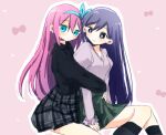  2girls aubrey_(omori) black_socks black_sweater blue_eyes blue_ribbon commentary expandmari green_skirt hug mari_(omori) multiple_girls omori pink_hair pink_sweater purple_hair ribbon skirt socks striped striped_skirt sweater 