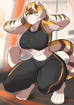  1girl abs absurdres animal_ears arms_behind_head black_pants blurry depth_of_field furry furry_female highres mei_xiang_xiaojie open_mouth original pants short_hair solo sports_bra squatting tail tiger_ears tiger_girl tiger_tail yellow_eyes yoga_pants 