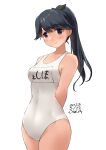  1girl alternate_costume artist_name black_hair blush breasts brown_eyes covered_navel cowboy_shot dated high_ponytail highres houshou_(kancolle) kantai_collection long_hair looking_at_viewer name_tag one-piece_swimsuit owa_(ishtail) ponytail school_swimsuit small_breasts smile solo swimsuit white_one-piece_swimsuit 