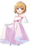  1girl :d bare_shoulders brown_eyes child commentary dot_nose dress elbow_gloves feet_out_of_frame female_child gloves haru_(konomi_150) highres idolmaster idolmaster_cinderella_girls jewelry koga_koharu light_brown_hair long_dress looking_at_viewer necklace open_mouth pink_dress simple_background skirt_hold smile solo standing strapless strapless_dress tiara white_background white_gloves 