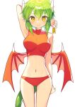  1girl absurdres arm_behind_head arm_up artist_name bikini blush breasts closed_mouth draco_centauros dragon_girl dragon_horns dragon_tail dragon_wings green_hair highres horns looking_at_viewer medium_breasts navel offbeat puyopuyo red_bikini short_hair simple_background smile solo swimsuit tail white_background wings 