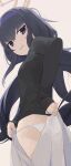  1girl arms_behind_back black_hair black_shirt blue_archive blue_hairband blush breasts dressing hairband halo highres hiroki_(yyqw7151) long_hair looking_back looking_down panties shirt simple_background skirt small_breasts solo string_panties ui_(blue_archive) underwear very_long_hair wavy_mouth white_background white_panties white_skirt 