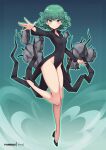  1girl bare_legs black_dress black_footwear blush breasts curly_hair dress fanbox_username floating full_body green_eyes green_hair legs levitation long_legs looking_at_viewer no_panties one-punch_man reaching rebar short_hair side_slit small_breasts tatsumaki telekinesis thighs virus-g 