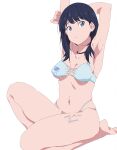  1girl arm_behind_head arms_up barefoot bikini black_hair blue_eyes breasts flamingo_print gridman_universe highres long_hair medium_breasts medium_hair multi-strapped_bikini_bottom simple_background sitnon solo ssss.gridman swimsuit takarada_rikka white_background white_bikini 