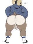  2023 3:4 anthro balls big_butt body_hair bottomless bovid butt butt_hair caprine carl_hendricks clothed clothing dialogue echo_(game) echo_(series) echo_project english_text footwear genitals hairy_balls hi_res hoodie horn huge_butt male mammal musky_balls rear_view ryanmakana saggy_balls sandals simple_background socks solo standing substance_intoxication text topwear visual_novel wardrobe_malfunction white_background 