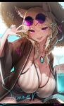 1girl animal_ear_fluff animal_ears arknights bikini blue_nails blue_shorts braid breasts brown_jacket cowboy_shot crazy_straw day drink drinking_straw eyewear_on_head fangs hair_ornament hairclip hand_up highres huge_breasts jacket jamg336 jewelry light_brown_hair long_hair looking_at_viewer necklace official_alternate_costume open_clothes open_jacket open_mouth outdoors purple-tinted_eyewear purple_eyes round_eyewear short_shorts shorts signature skin_fangs solo striped striped_bikini sunglasses swimsuit tinted_eyewear twin_braids utage_(arknights) utage_(summer_flowers)_(arknights) w white_bikini x_hair_ornament 