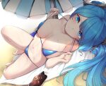  1girl arcade_sona areola_slip barefoot beach_towel beach_umbrella bikini bikini_pull blue_eyes blue_hair breasts closed_mouth clothes_pull ddangbi korean_commentary large_breasts league_of_legends long_hair looking_at_viewer lotion lotion_bottle lying navel on_back pulled_by_self sona_(league_of_legends) stomach strap_pull suggestive_fluid swimsuit towel twintails umbrella undressing wavy_mouth wet 
