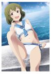  1girl arm_support bare_shoulders bikini blue_neckerchief blue_sailor_collar blush breasts cloud collarbone day dot_nose green_hair hand_up idolmaster idolmaster_million_live! idolmaster_million_live!_theater_days kabayaki_unagi knee_up levee looking_at_viewer midriff nagayoshi_subaru navel neckerchief ocean open_mouth outdoors red_eyes sailor_bikini sailor_collar sailor_swimsuit_(idolmaster) short_hair shy side-tie_bikini_bottom sitting sky small_breasts smile solo sweatdrop swimsuit wavy_mouth white_bikini white_towel 