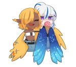  2girls animal_ears arm_around_shoulder artist_name bare_shoulders bird_ears blonde_hair blue_feathers blue_hair blue_skirt blue_wings breasts closed_eyes commentary_request commission dark-skinned_female dark_skin feathered_wings feathers hair_between_eyes hair_over_one_eye harpy high_ponytail highres ice_cream_cone long_hair medium_hair midriff monster_girl multicolored_hair multiple_girls navel open_mouth original ponytail purple_eyes skeb_commission skirt small_breasts streaked_hair swimsuit urotori urotori&#039;s_unnamed_harpy white_hair wings yellow_feathers yellow_wings 