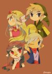  1boy 3girls artist_name blonde_hair blue_eyes closed_mouth green_headwear link looking_at_viewer medli multiple_girls parted_bangs pointy_ears princess_zelda red_eyes short_hair sidelocks simple_background smile tetra the_legend_of_zelda the_legend_of_zelda:_the_wind_waker tokuura toon_link toon_zelda 