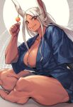  1girl :t animal_ears bare_legs barefoot blue_kimono boku_no_hero_academia breasts chewing cleavage crescent_print dango dark-skinned_female dark_skin feet food highres holding holding_food indian_style japanese_clothes kimono large_breasts long_eyelashes long_hair looking_at_viewer mikel_(4hands) mirko parted_bangs rabbit_ears rabbit_girl red_eyes sitting smile solo thick_thighs thighs toned wagashi white_hair 