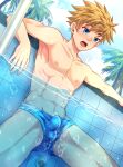  1boy absurdres blonde_hair blue_eyes blue_male_swimwear blue_sky blush bubble bulge connor_bleufin cowboy_shot dutch_angle highres in_water male_focus male_swimwear mikkoukun nipples open_mouth original outdoors palm_tree partially_underwater_shot pool sky solo teeth tree upper_teeth_only water 