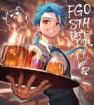  1boy beer_mug blue_bow blue_hair bow collared_shirt cu_chulainn_(fate) cup earrings fate/grand_order fate_(series) glass highres holding holding_tray indoors jewelry lack long_hair long_sleeves mug ponytail red_eyes setanta_(fate) shirt smile solo teeth tray waiter white_shirt 