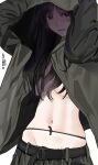  1girl arms_up black_hair blush breasts cowboy_shot green_jacket highres hitomi_o hood hooded_jacket jacket long_hair long_sleeves looking_at_viewer medium_breasts midriff navel no_bra open_mouth original shadow simple_background solo underboob white_background 